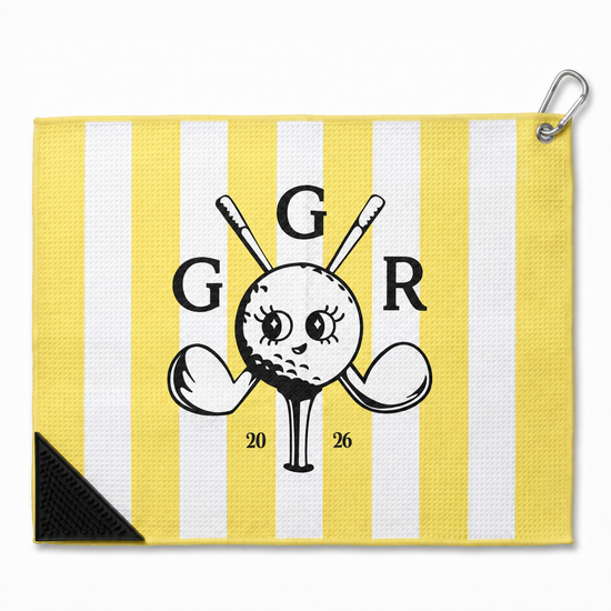 Girls Got Range Insignia microfiber golf towel, Banana Yellow stripe with Insignia, front