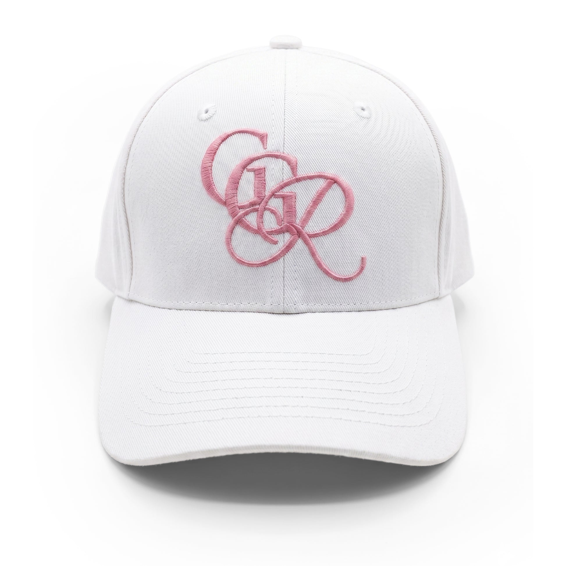 Girls Got Range Cloud White cap with Cherry Blossom Pink GGR monogram embroidery, front view