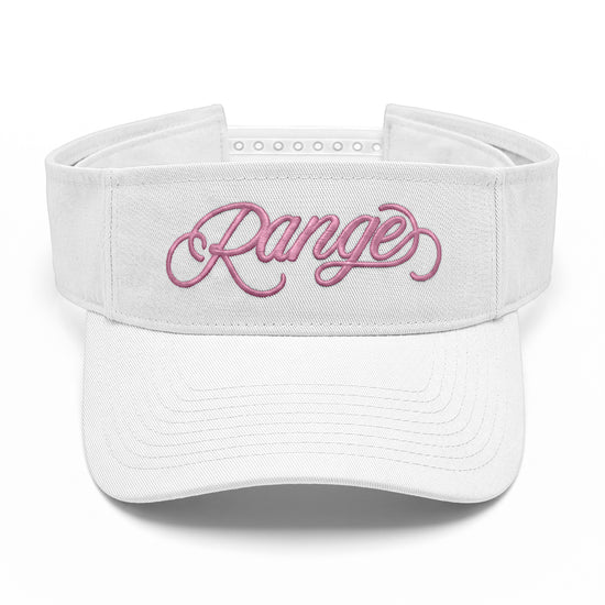 Girls Got Range Cloud White visor with Cherry Blossom Pink Range script embroidery, front view
