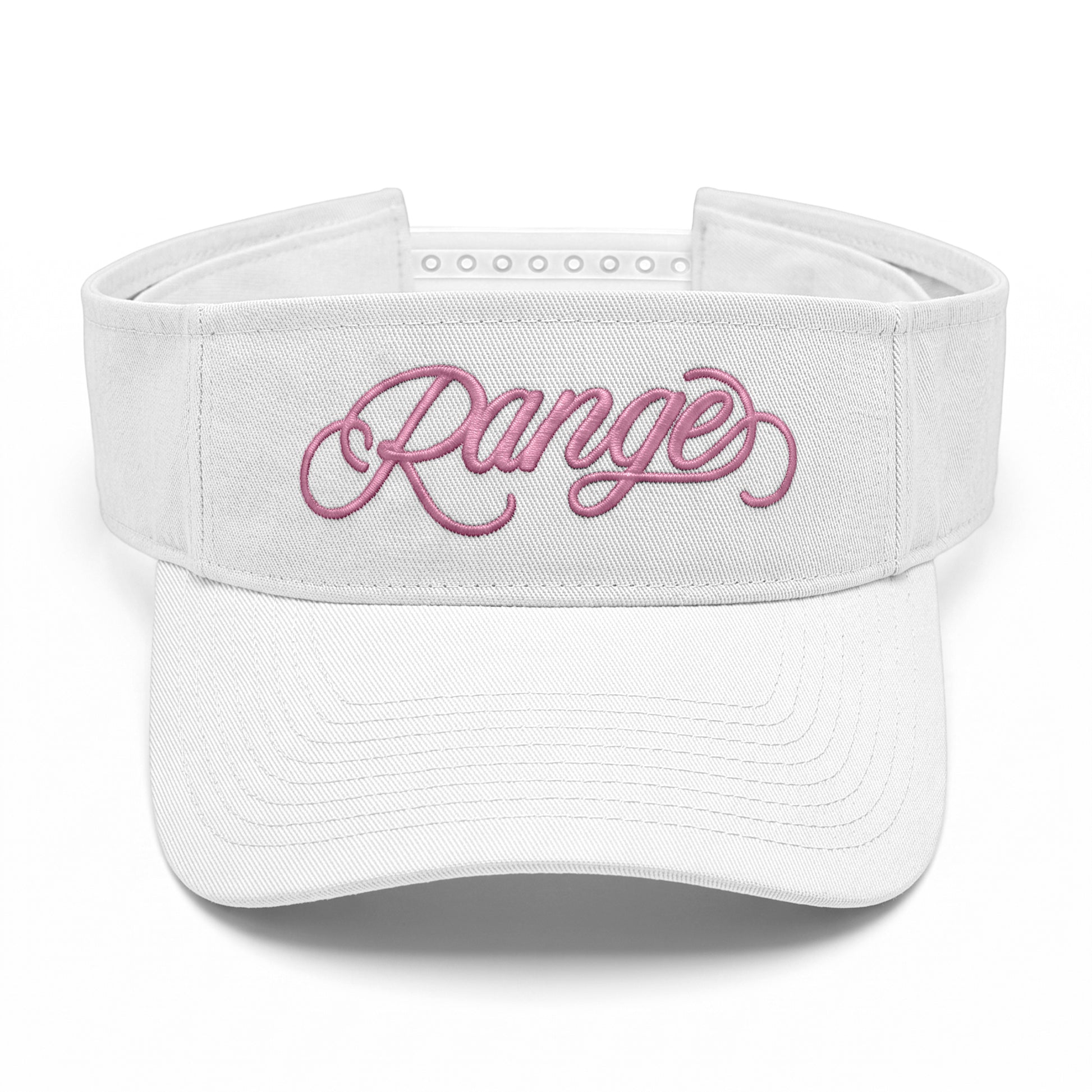 Girls Got Range Cloud White visor with Cherry Blossom Pink Range script embroidery, front view