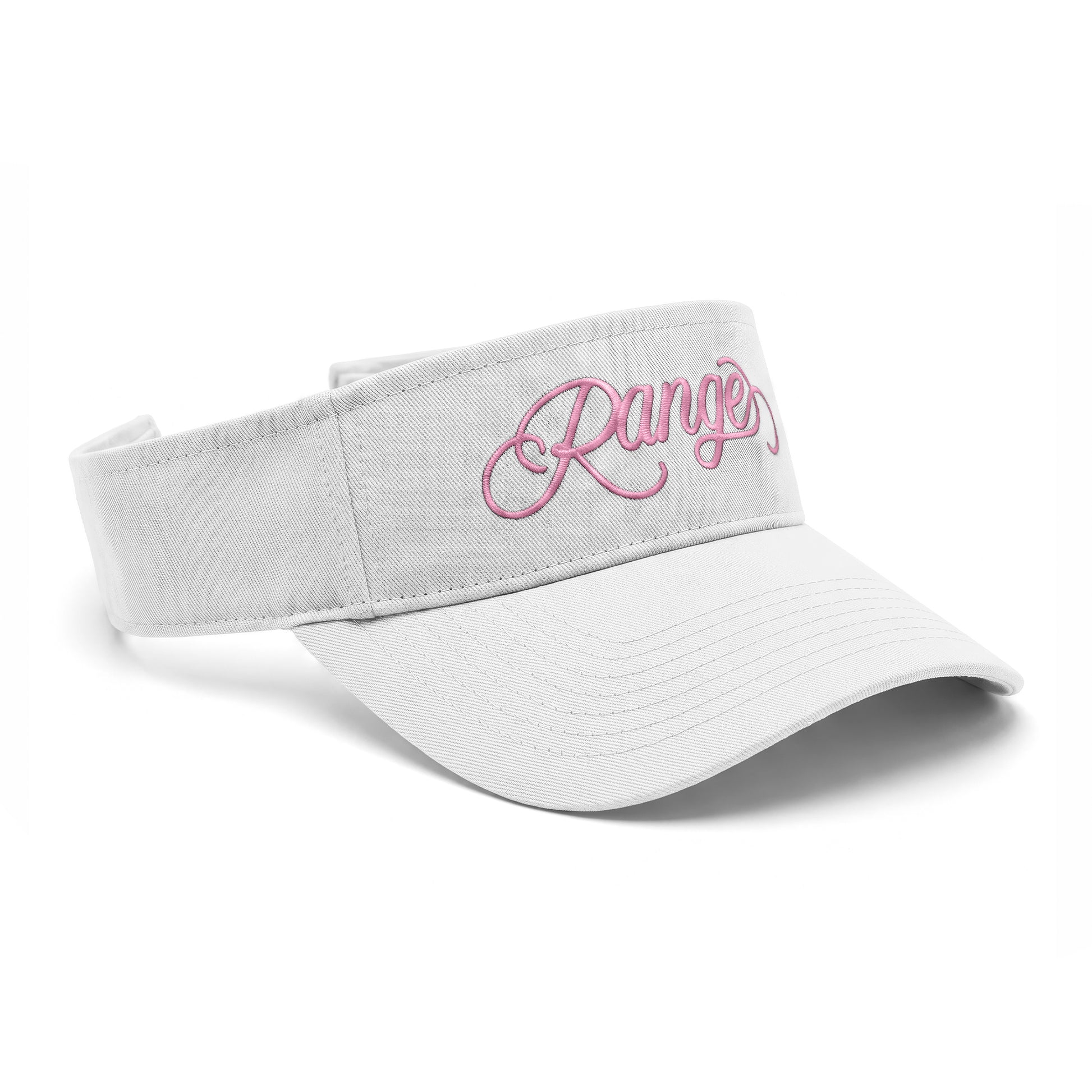 Girls Got Range Cloud White visor with Cherry Blossom Pink Range script embroidery, side view