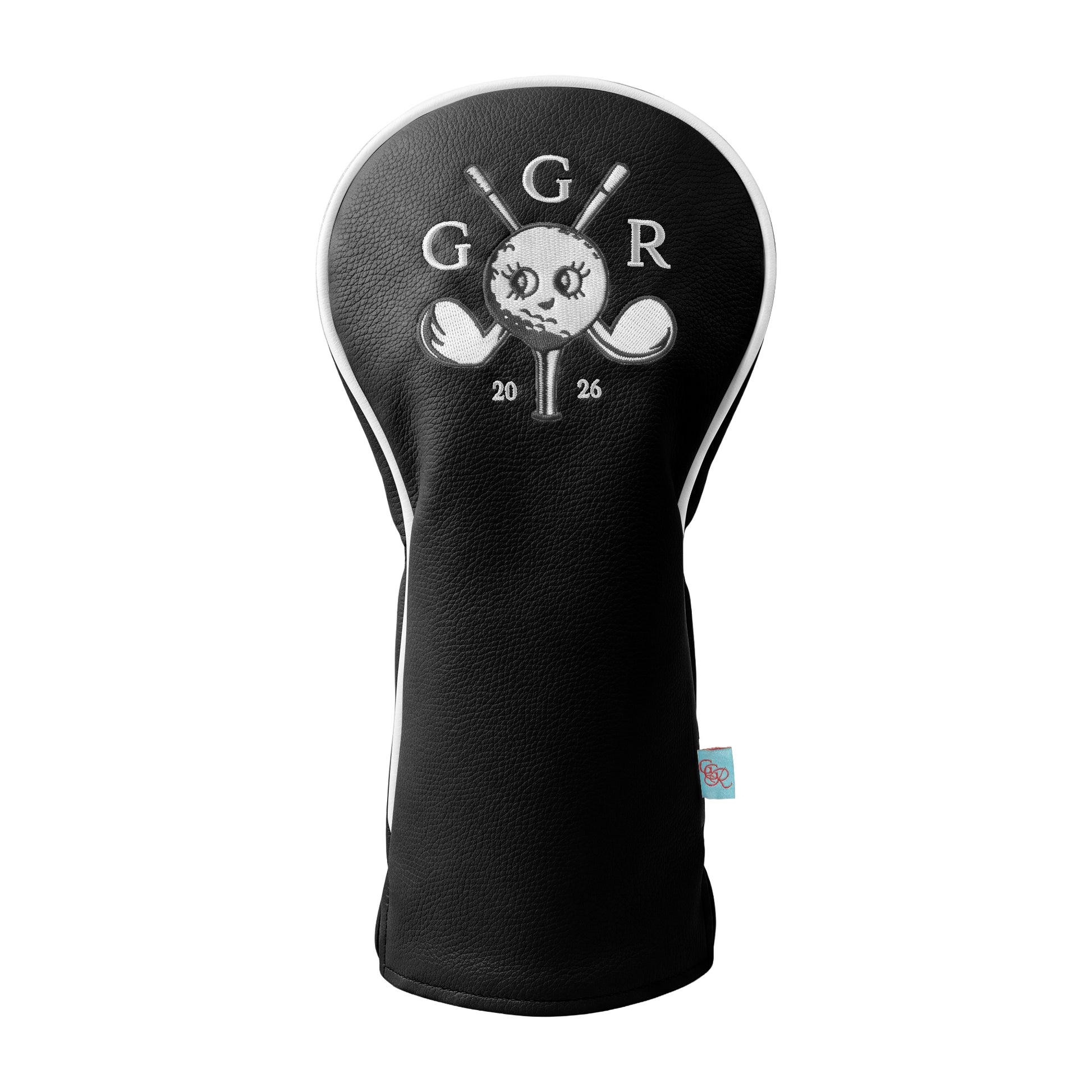 Girls Got Range Classic Black vegan leather headcover with Cloud White Insignia, front view