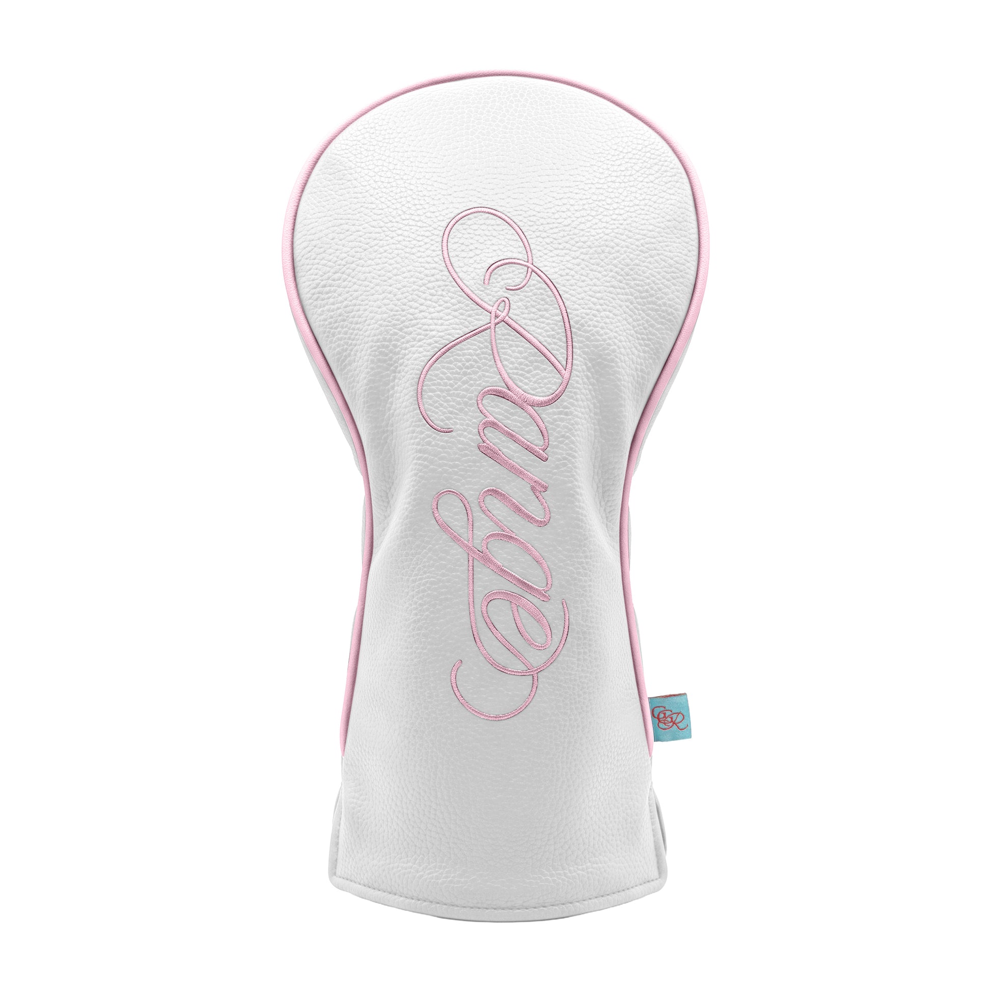 Girls Got Range Cloud White vegan leather headcover with Cherry Blossom Pink Range script, front view