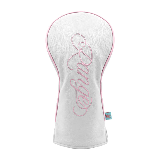 Girls Got Range Cloud White vegan leather headcover with Cherry Blossom Pink Range script, front view