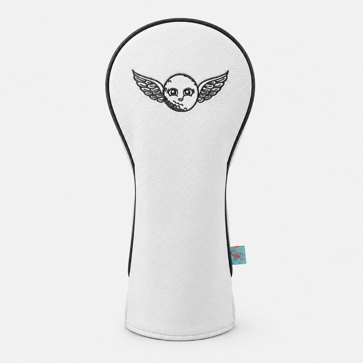 Girls Got Range Cloud White vegan leather headcover with Classic Black She So Fly embroidery, front view