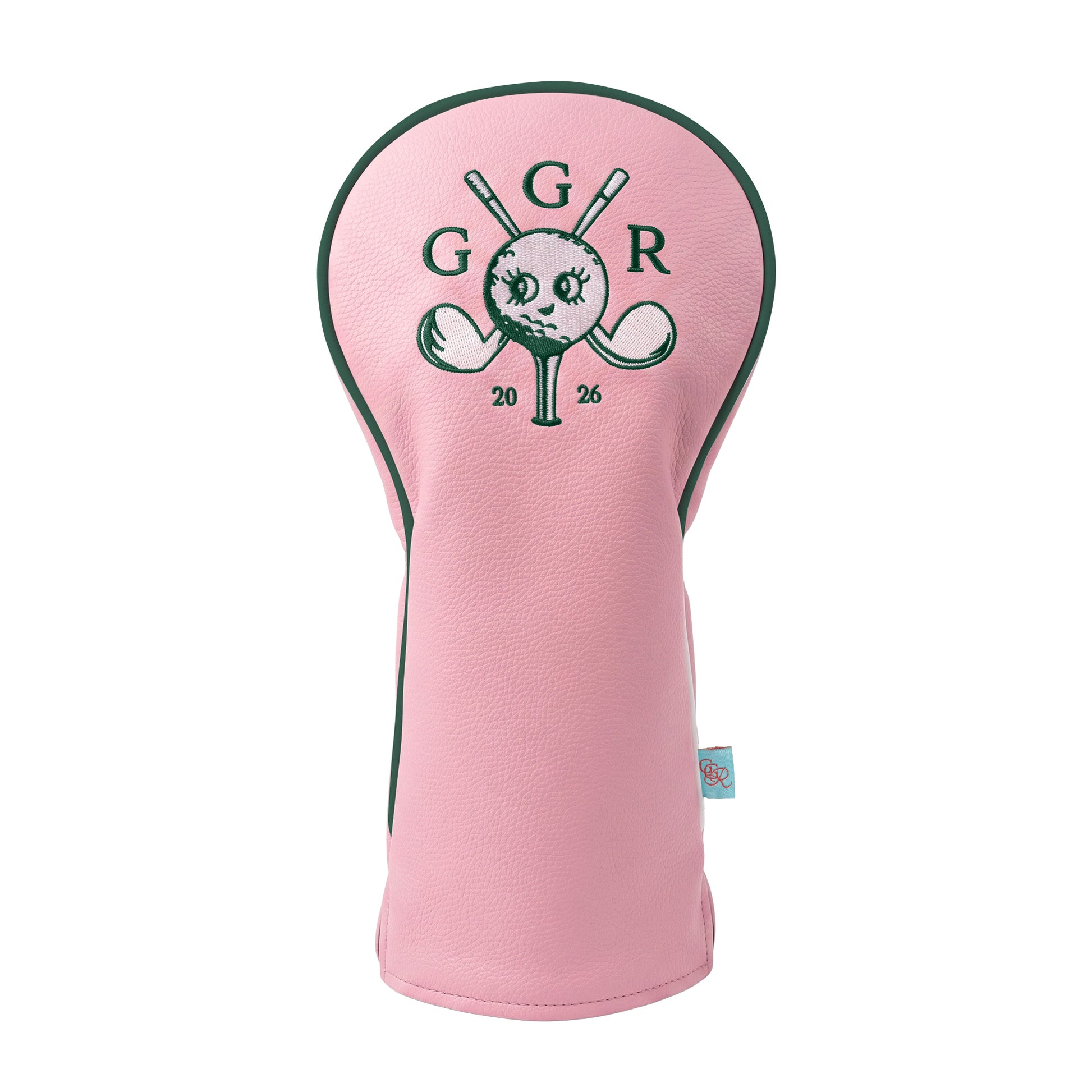Girls Got Range Pink-A-Boo vegan leather headcover with Forest Green Insignia, front view
