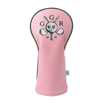 Girls Got Range Pink-A-Boo vegan leather headcover with Forest Green Insignia, front view