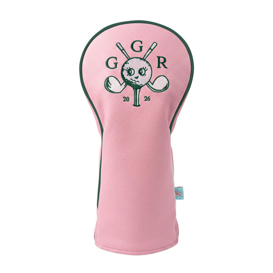 Girls Got Range Pink-A-Boo vegan leather headcover with Forest Green Insignia, front view