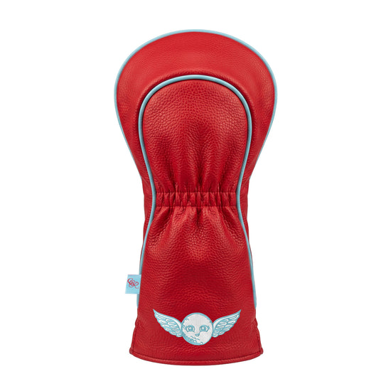 Girls Got Range Rosy Red vegan leather headcover with Sky Blue She So Fly icon, back view