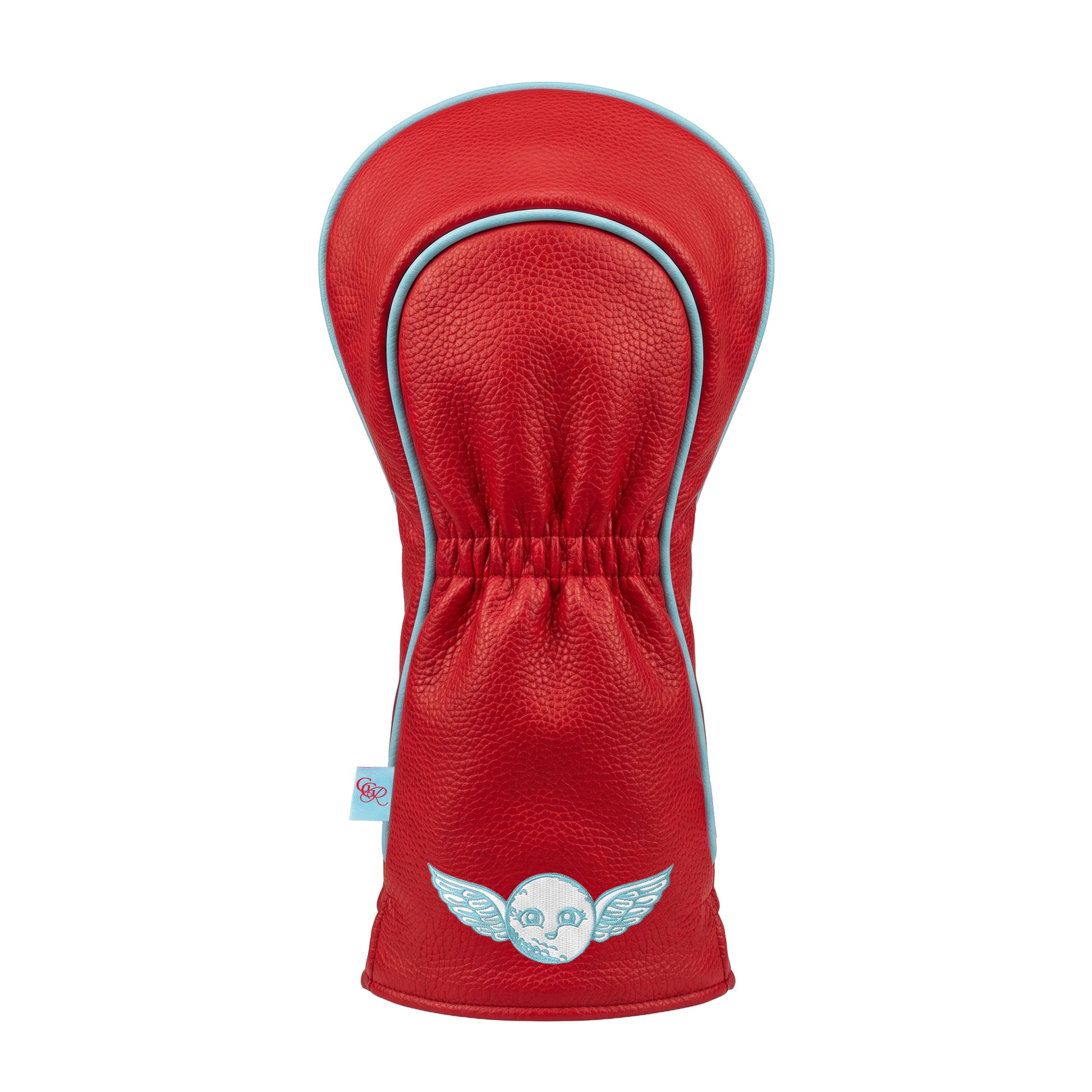 Girls Got Range Rosy Red vegan leather headcover with Sky Blue She So Fly icon, back view