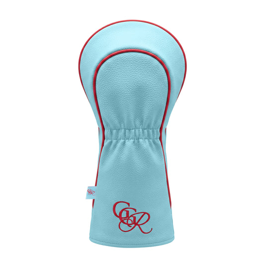 Girls Got Range Sky Blue vegan leather headcover with Rosy Red GGR monogram, back view