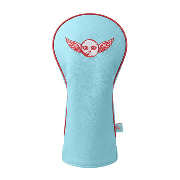 Girls Got Range Sky Blue vegan leather headcover with Rosy Red She So Fly embroidery, front view
