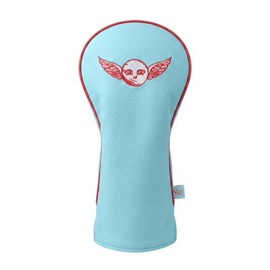 Girls Got Range Sky Blue vegan leather headcover with Rosy Red She So Fly embroidery, front view