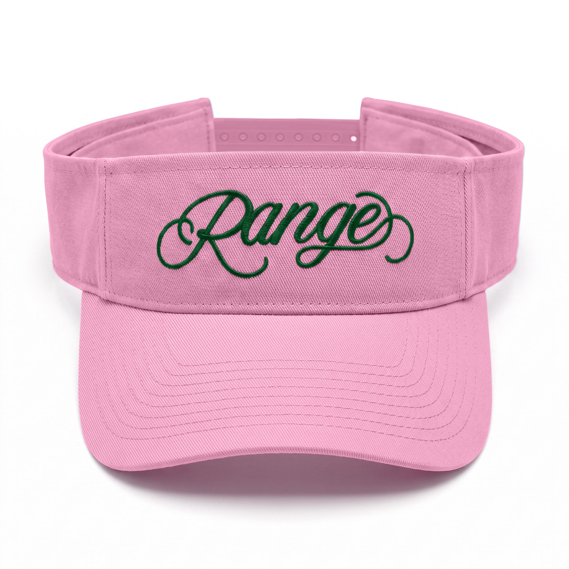 Girls Got Range Pink-A-Boo visor with Forest Green Range script embroidery, front view