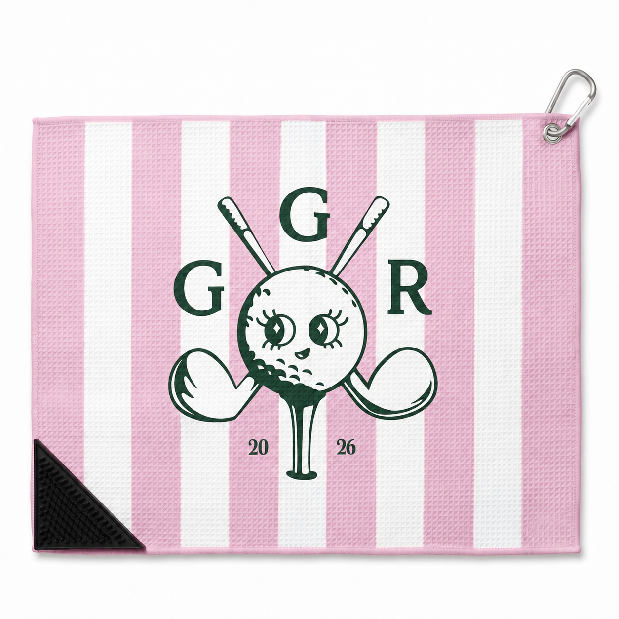 Girls Got Range Insignia microfiber golf towel, Pink-A-Boo stripe with Forest Green Insignia, front