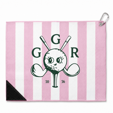 Girls Got Range Insignia microfiber golf towel, Pink-A-Boo stripe with Forest Green Insignia, front
