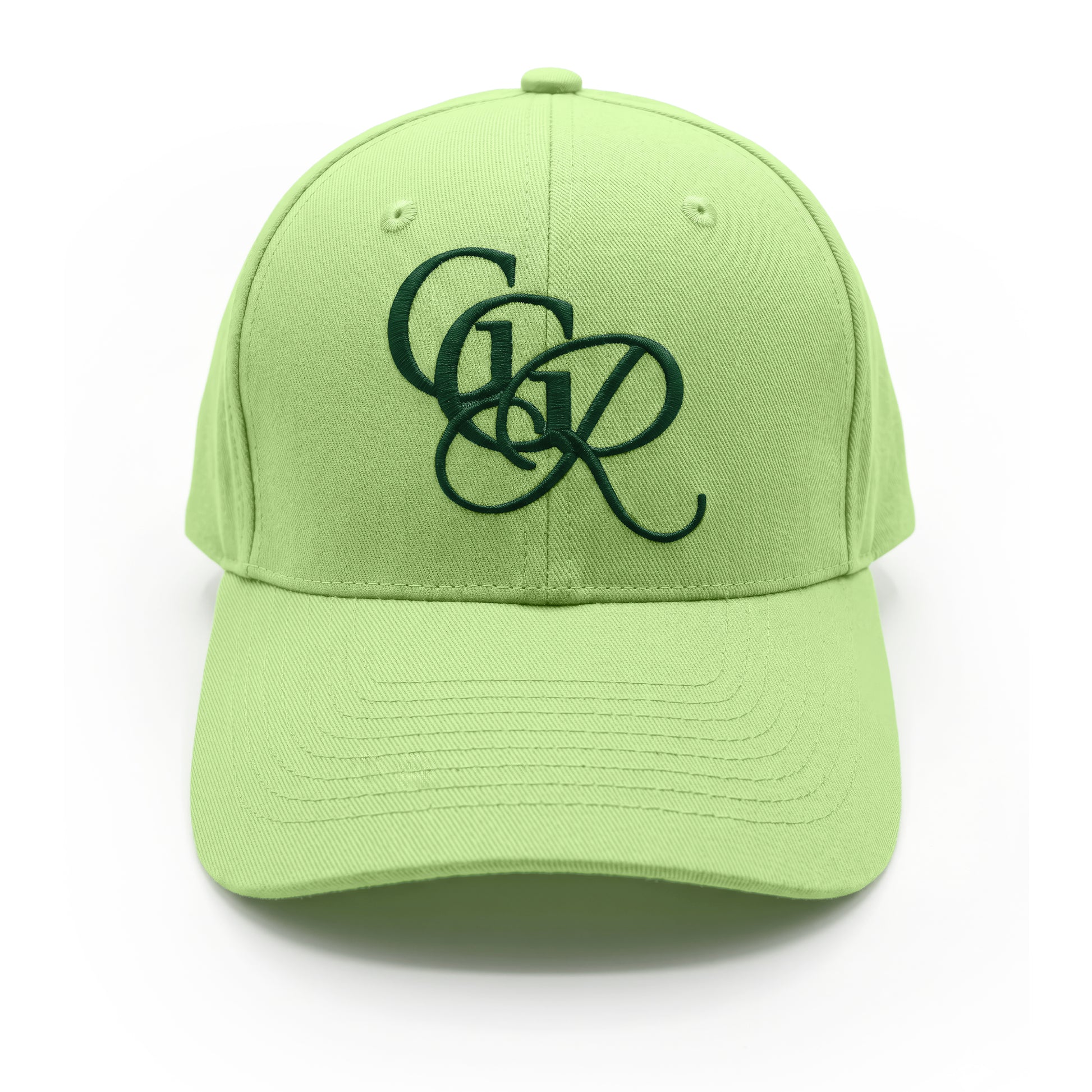 Girls Got Range Pistachio Green cap with Forest Green GGR monogram embroidery, front view