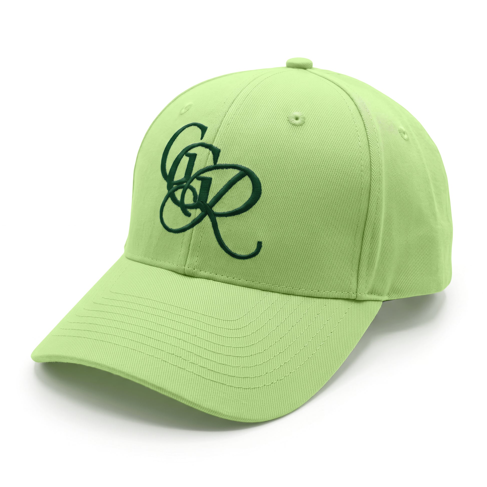 Girls Got Range Pistachio Green cap with Forest Green GGR monogram embroidery, side view