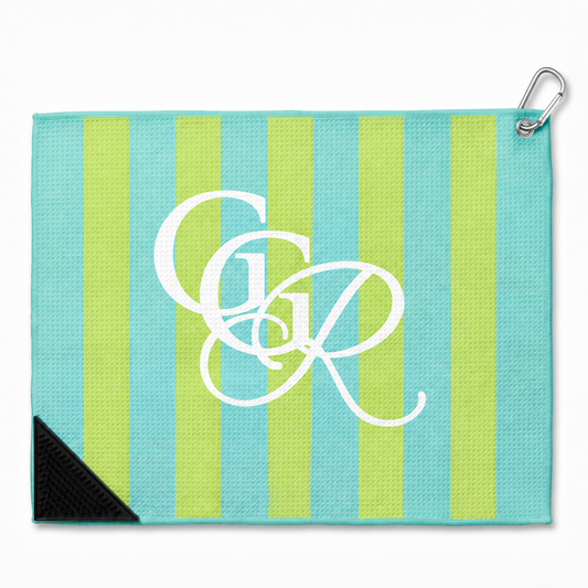 Girls Got Range monogram microfiber golf towel, Pistachio Green and Sky Blue stripe with Cloud White GGR monogram, front