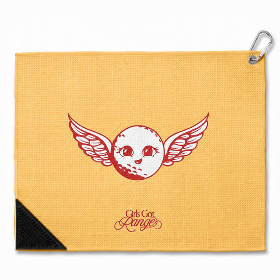 Girls Got Range She So Fly microfiber golf towel, Rosy Red icon on Nectarine Orange, front