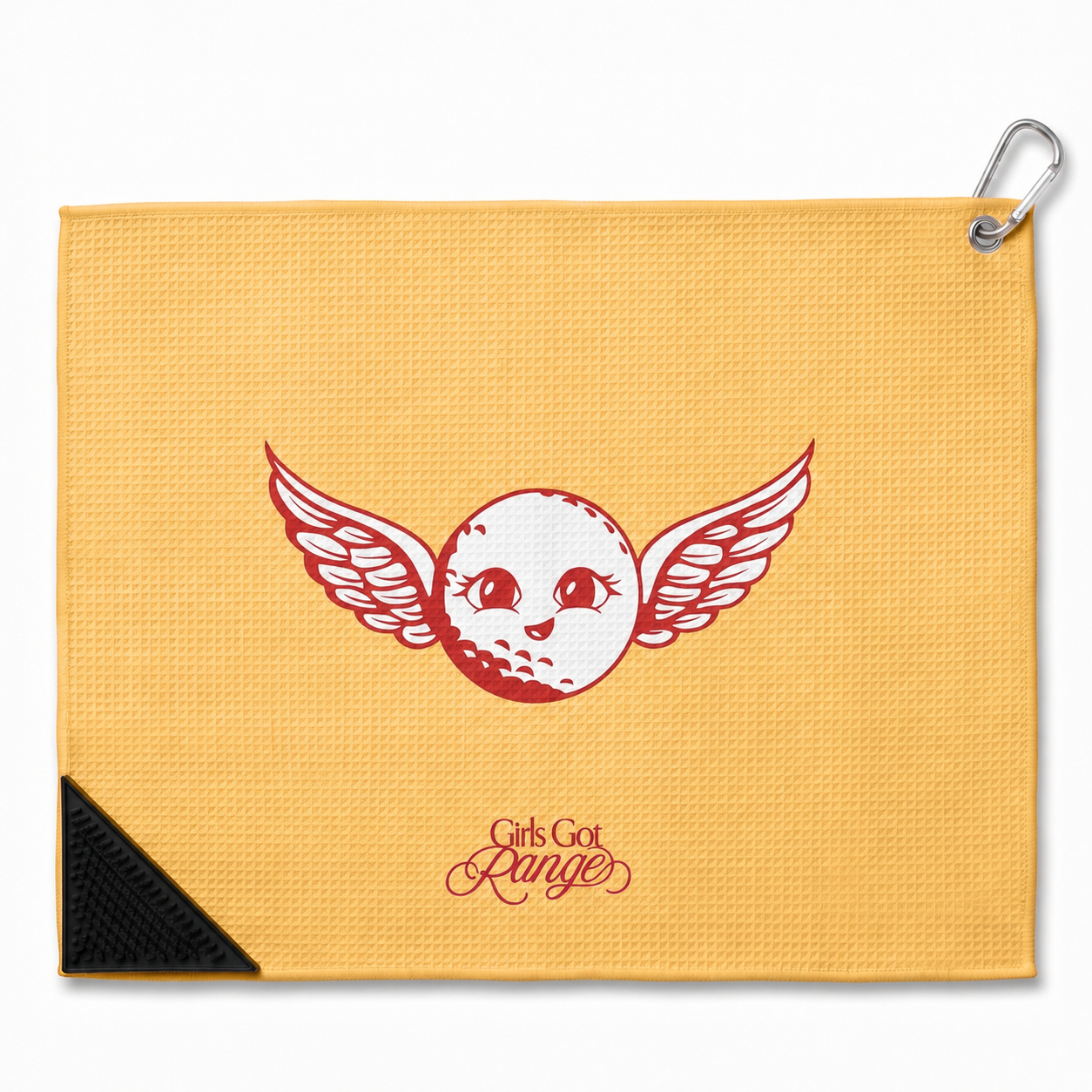 Girls Got Range She So Fly microfiber golf towel, Rosy Red icon on Nectarine Orange, front