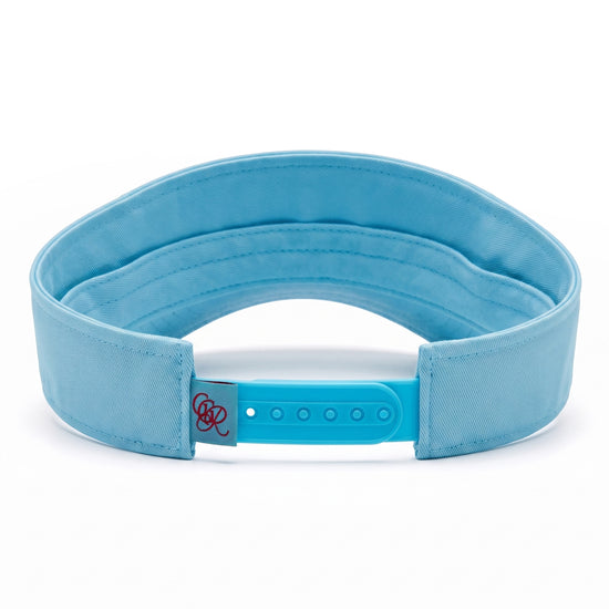 Girls Got Range Sky Blue visor with Rosy Red Range script embroidery, back view