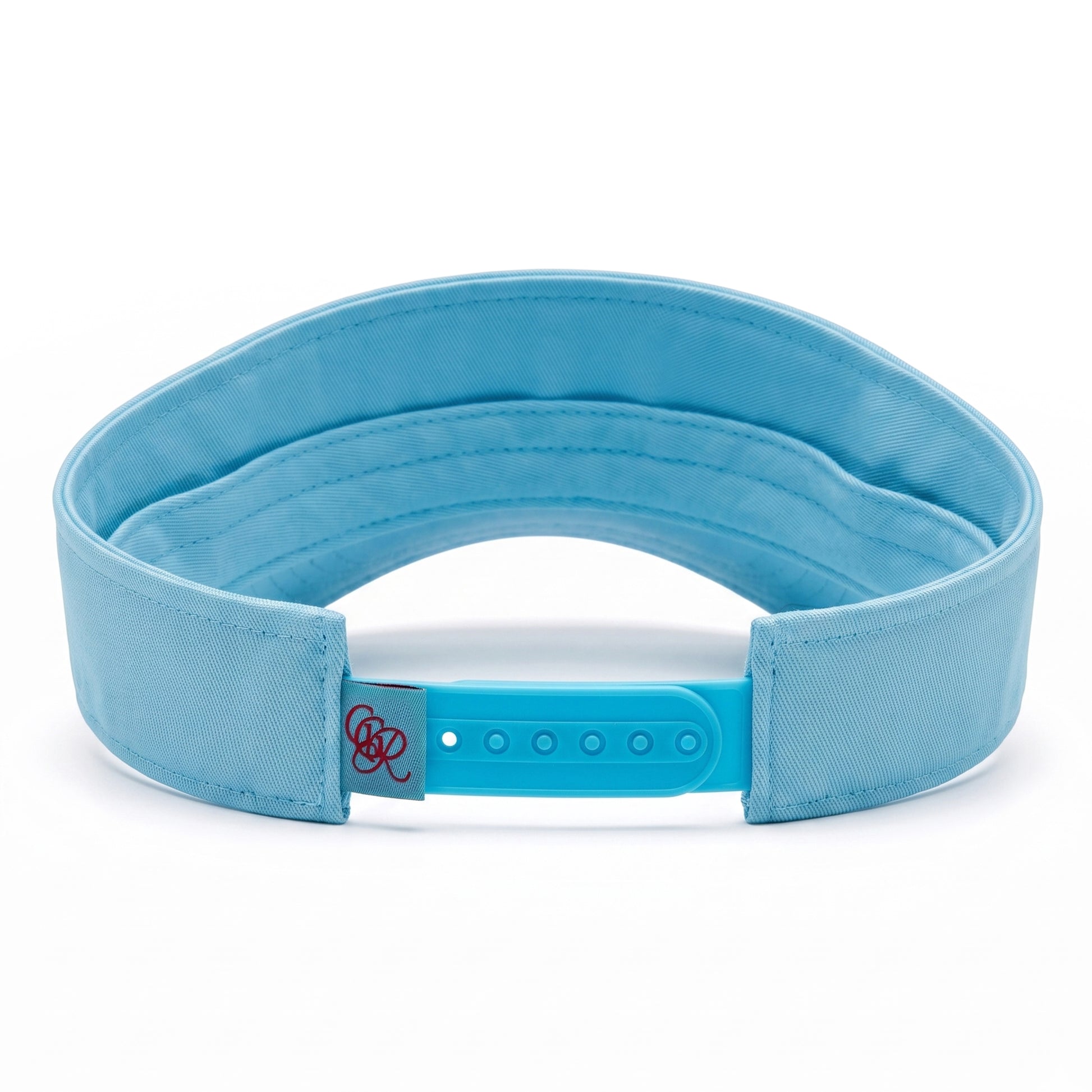 Girls Got Range Sky Blue visor with Rosy Red Range script embroidery, back view
