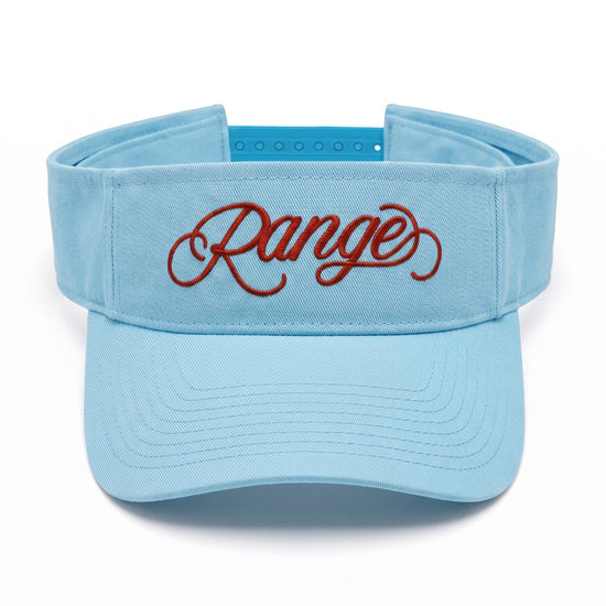 Girls Got Range Sky Blue visor with Rosy Red Range script embroidery, front view