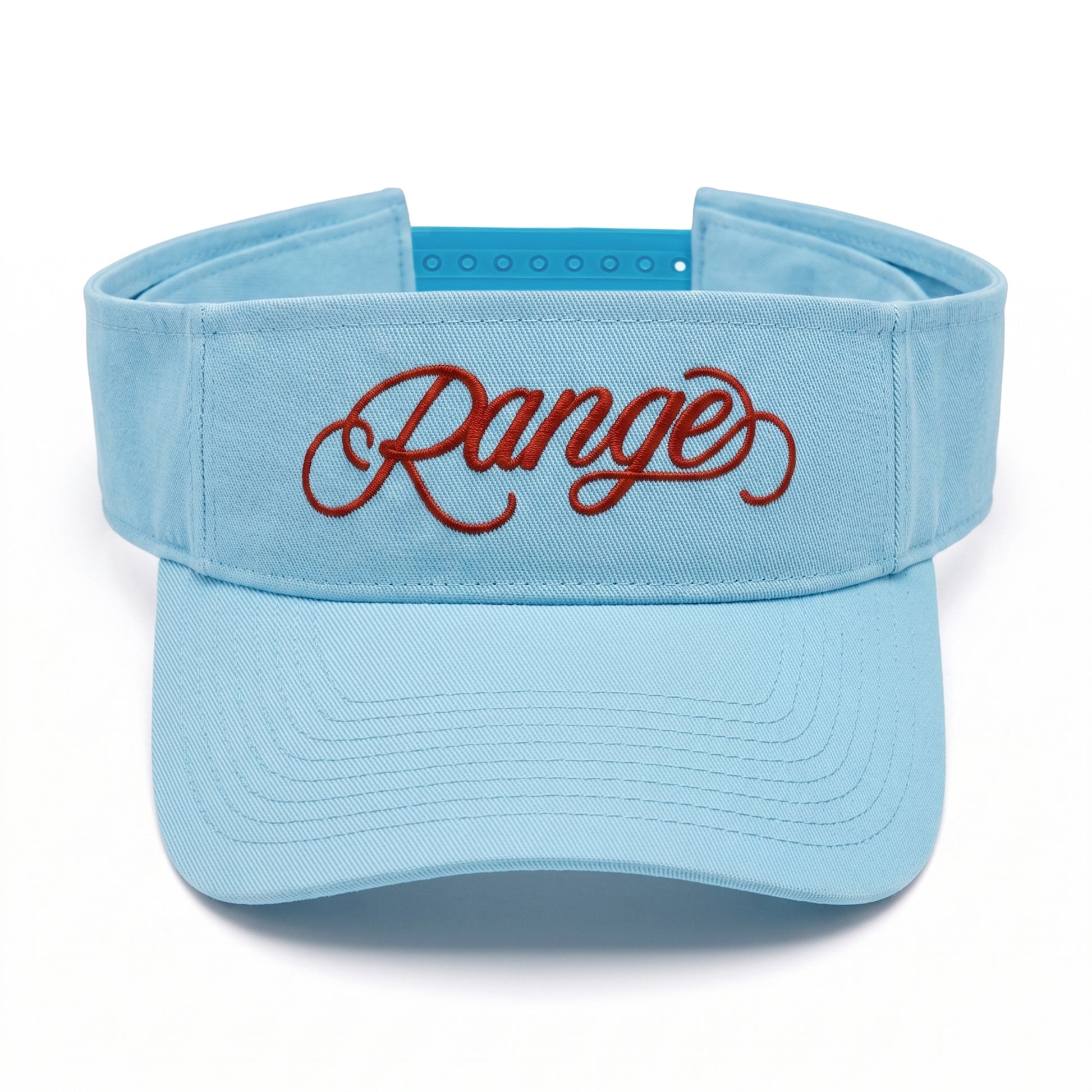 Girls Got Range Sky Blue visor with Rosy Red Range script embroidery, front view
