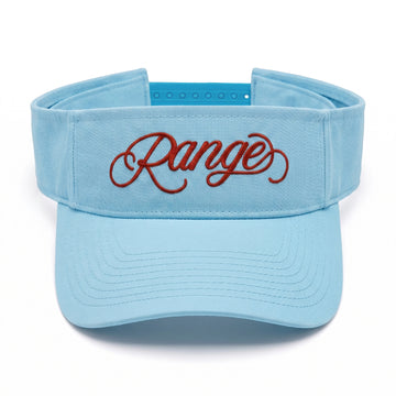 Girls Got Range Sky Blue visor with Rosy Red Range script embroidery, front view