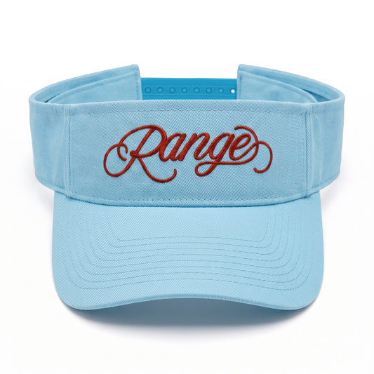 Girls Got Range Sky Blue visor with Rosy Red Range script embroidery, front view
