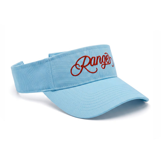 Girls Got Range Sky Blue visor with Rosy Red Range script embroidery, side view